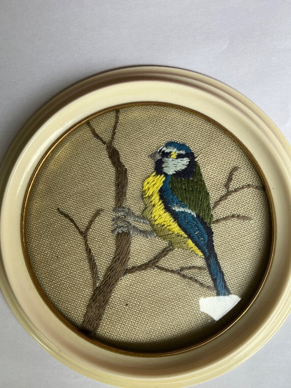 Vintage Handcrafted Bird Embroidery Wall Art in Cream Frame | Glass Covered - Picture 2 of 3